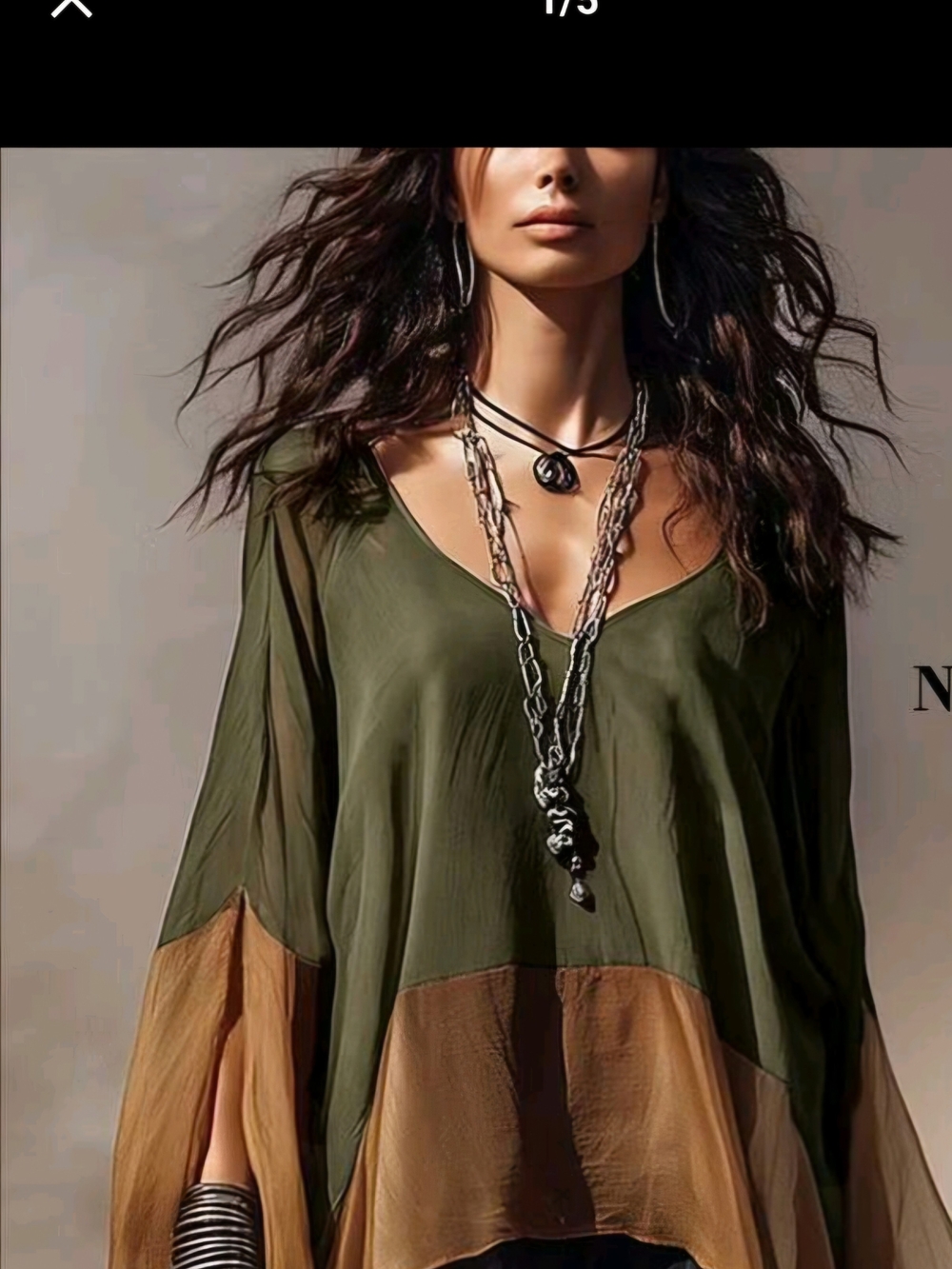 Olive & Tan Flowy V-Neck Women's Top